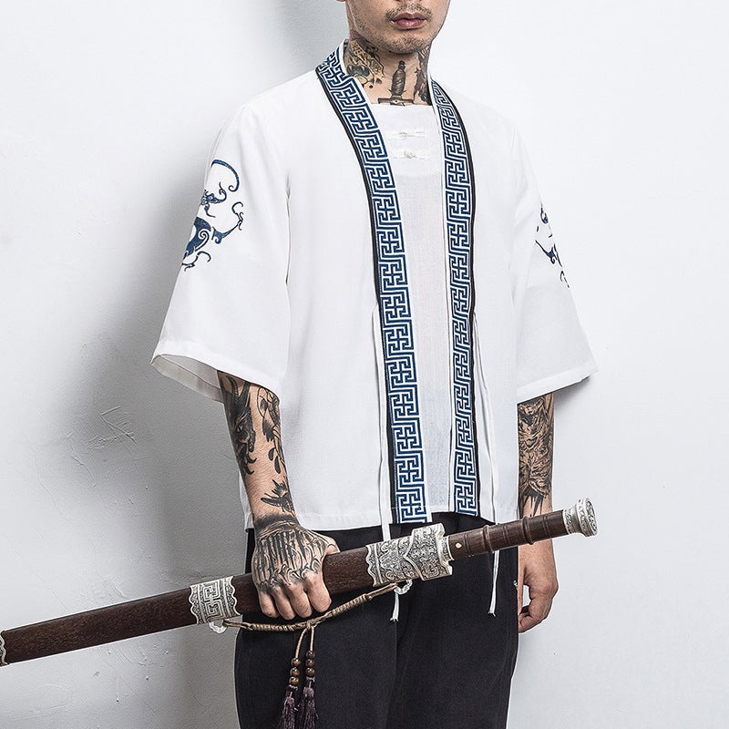 Chinese Style Shirt Mens Loose Cardigan Robe Japanese Style Dragon and Phoenix Crane Embroidery Seven-point Sleeve Hanfu Thin Coat 201 White 