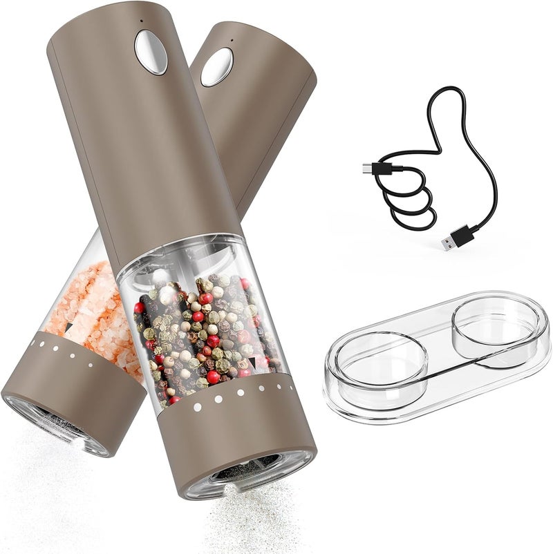 CircleJoy Electric Salt and Pepper Grinder Set Rechargeable Salt and Pepper Mills with Storage Base, Adjustable Coarseness and LED White Light, Washable 95ml Container, Brown - Image 1