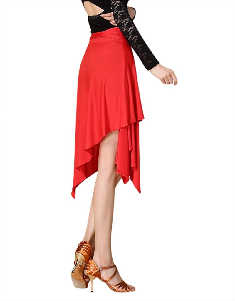 ZX Women's Latin Salsa Tango Dance Skirt Hip Scarf Smooth Swing Irregular Dancewear Ballroom Dance Dresses for Practice Red - Image 5