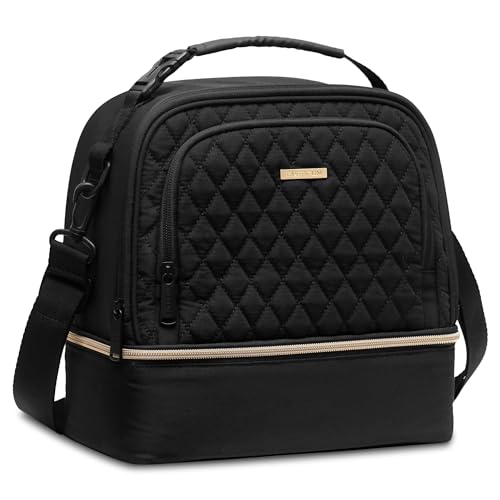 Everfun حقيبة غداء إيفرفون للنساء بغطاء مزدوج مع قسمين معزولين كبيرة مقاومة للتسرب لحقيبة الغداء للعمل والنزهات والسفر، سوداء - Image 1