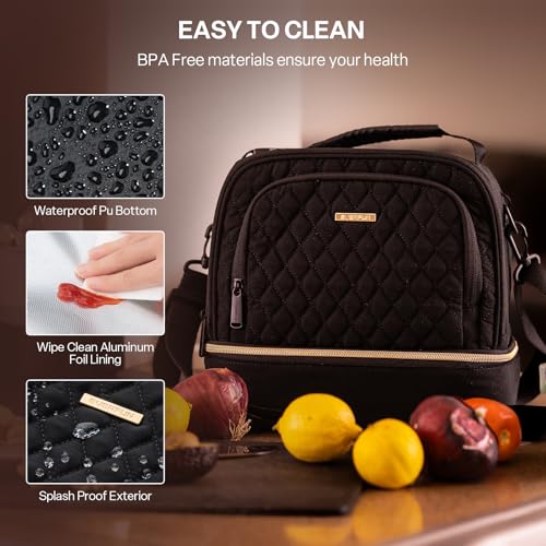 Everfun حقيبة غداء إيفرفون للنساء بغطاء مزدوج مع قسمين معزولين كبيرة مقاومة للتسرب لحقيبة الغداء للعمل والنزهات والسفر، سوداء - Image 5