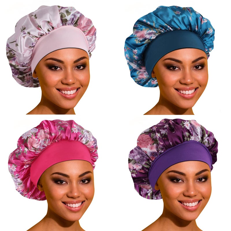ROYBENS Satin Bonnet Hair Bonnet for Sleeping- 4 Pack Large Bonnets for Women with Elastic Soft Band for Curly Hair Braids - Image 1