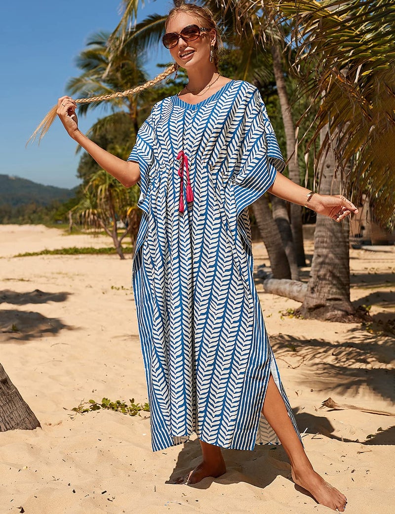 Bsubseach Kaftan Dresses for Women Plus Size Swimsuit Cover Up Long Caftan Dress with Waist Drawstring Blue Stripe - Image 4