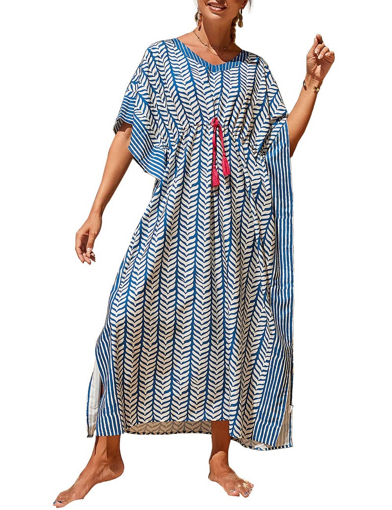 Bsubseach Kaftan Dresses for Women Plus Size Swimsuit Cover Up Long Caftan Dress with Waist Drawstring Blue Stripe - Image 1