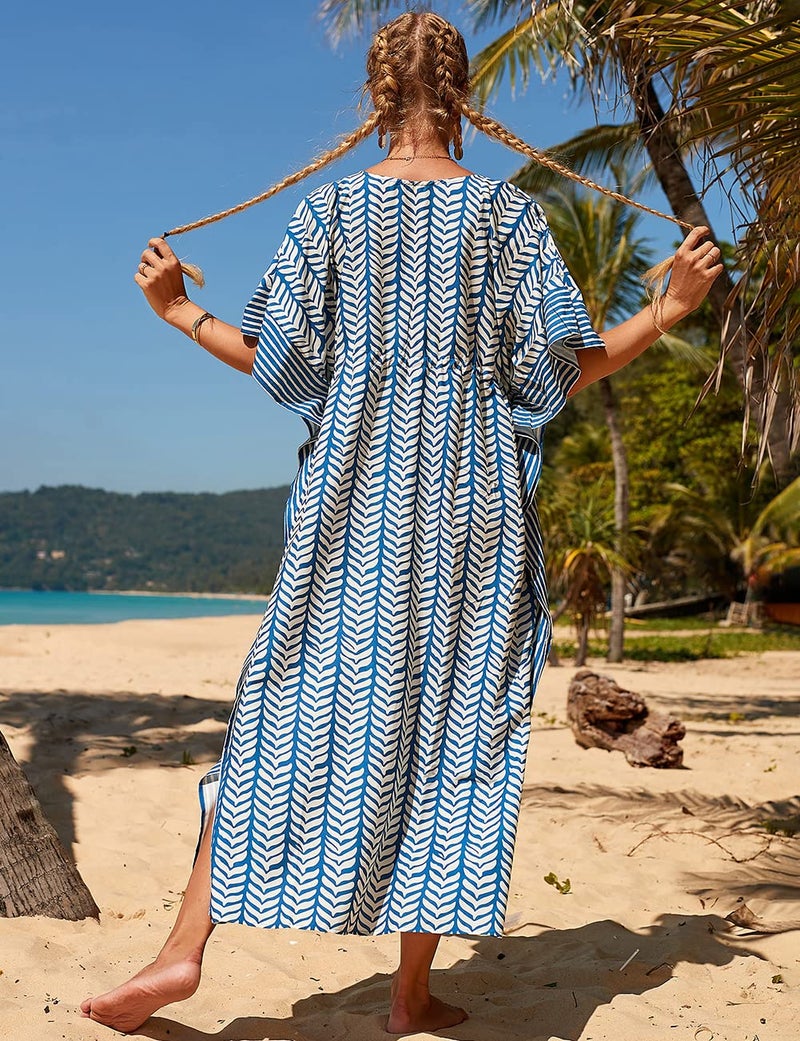 Bsubseach Kaftan Dresses for Women Plus Size Swimsuit Cover Up Long Caftan Dress with Waist Drawstring Blue Stripe - Image 5