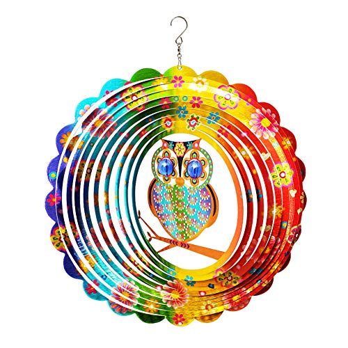 FONMY Wind Spinner Mandala Owl 12 inch 3D Stainless Steel Laser Cut Metal Art Geometric Pattern Hanging Wind Spinner, Kinetic Yard Art Decorations - Indoor/Outdoor Décor - Image 1