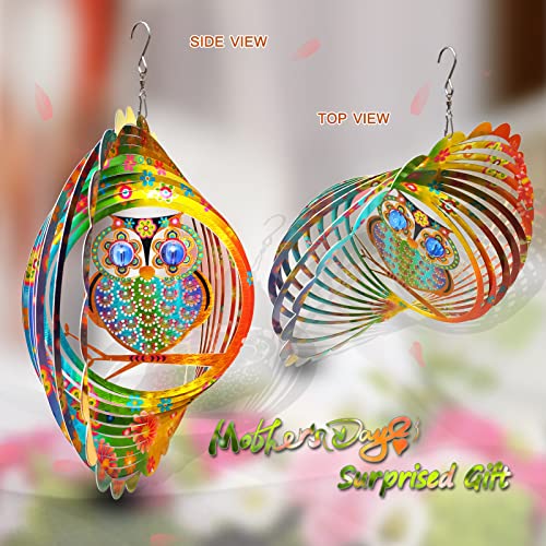 FONMY Wind Spinner Mandala Owl 12 inch 3D Stainless Steel Laser Cut Metal Art Geometric Pattern Hanging Wind Spinner, Kinetic Yard Art Decorations - Indoor/Outdoor Décor - Image 4