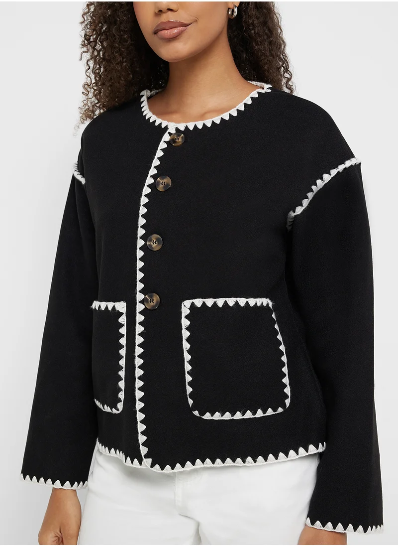جينجر Contrast Trim Detail Woolen Coat