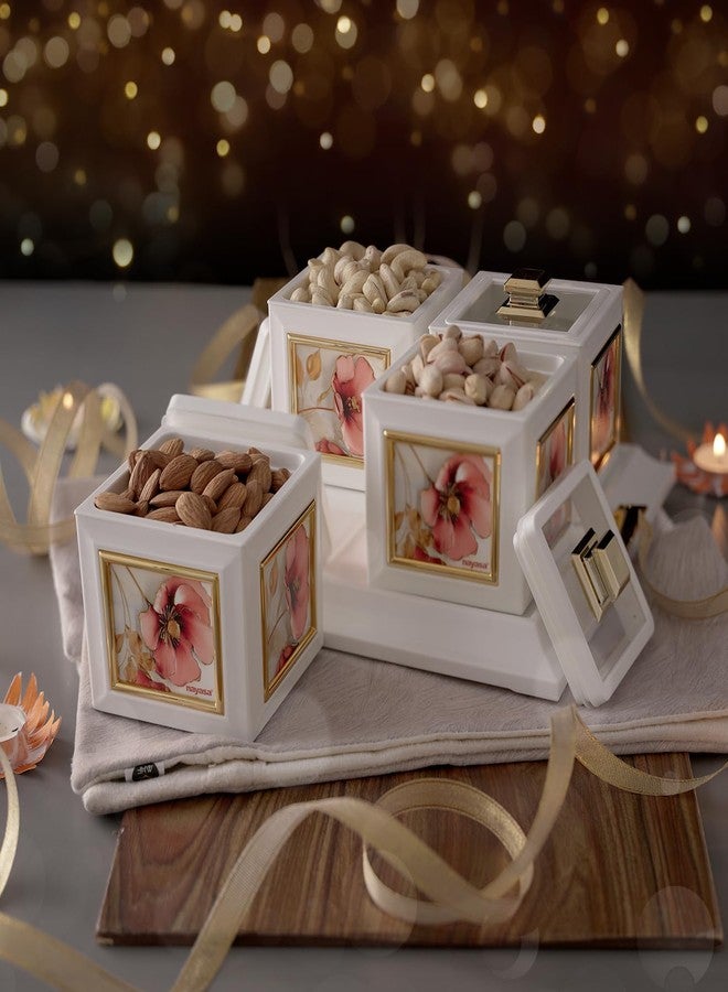 Nayasa Mansion Dry Fruit 4 Pc Container Serving Tray Set | 500 ML Each | Multipurpose Plastic Serving Set | Premium Design | BPA Free | Food Grade | Air-Tight Lid | Snack Organizer Tray | White_Red - Image 5
