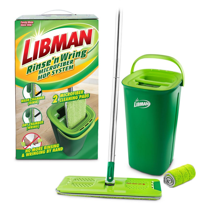 Libman Rinse n Wring Mop and Bucket System Microfiber Floor Mop Hardwood Floor Cleaner Wet Dry Mop Clean Dirty Water Chambers Power Blades 2 Total Microfiber PadsGreen