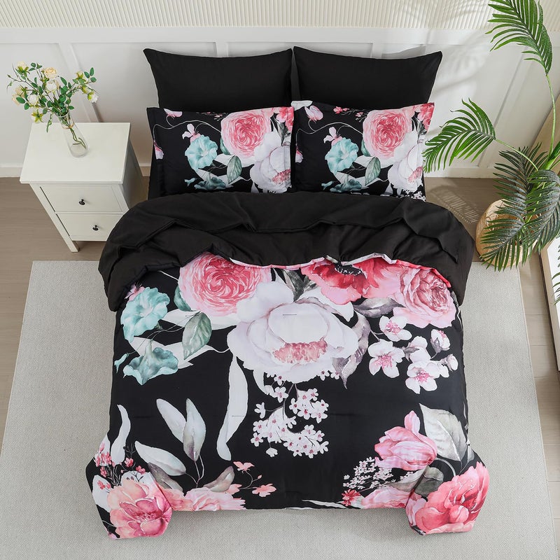 Yogeneg Queen Comforter Set 7 Piece Bed in a Bag,Pink Floral Botanical Pattern Black Bedding Set,Soft Microfiber Comforter with Sheet Set,All Season Bed Set(Pink,Queen) - Image 3