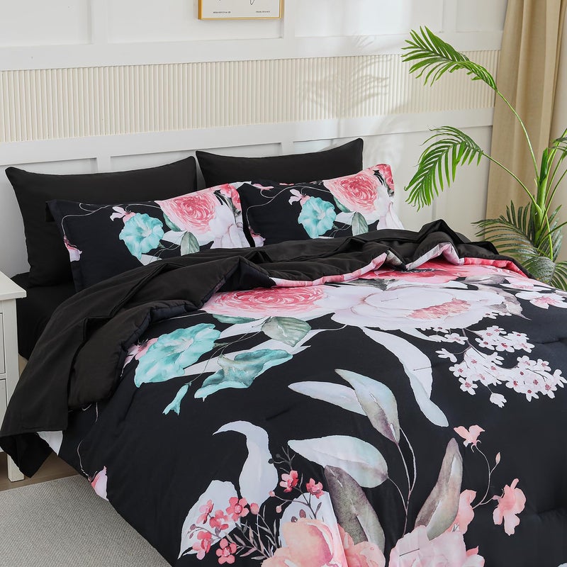 Yogeneg Queen Comforter Set 7 Piece Bed in a Bag,Pink Floral Botanical Pattern Black Bedding Set,Soft Microfiber Comforter with Sheet Set,All Season Bed Set(Pink,Queen) - Image 2