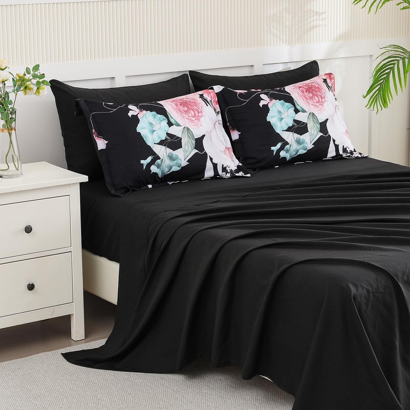 Yogeneg Queen Comforter Set 7 Piece Bed in a Bag,Pink Floral Botanical Pattern Black Bedding Set,Soft Microfiber Comforter with Sheet Set,All Season Bed Set(Pink,Queen) - Image 4
