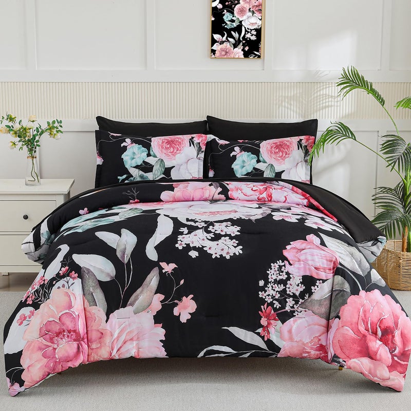 Yogeneg Queen Comforter Set 7 Piece Bed in a Bag,Pink Floral Botanical Pattern Black Bedding Set,Soft Microfiber Comforter with Sheet Set,All Season Bed Set(Pink,Queen) - Image 1