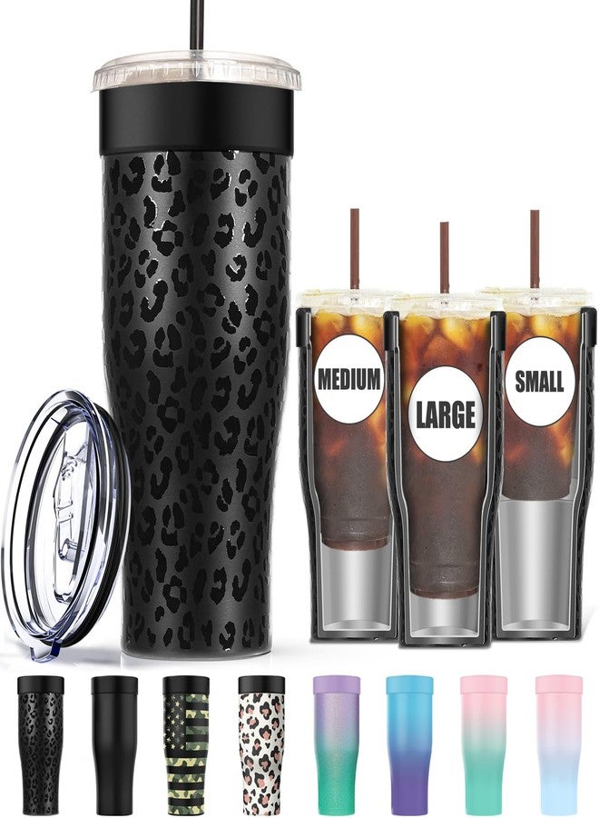 Niceyos Universal Iced Coffee Sleeve - Upgraded Double Wall Reusable Stainless Steel Holder Sleeves Insulator for Cold Drinks Fits Starbucks Dunkin Donuts McDonalds Small Medium Large Cup (Black Leopard) - Image 1