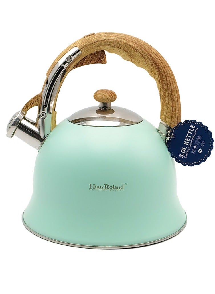 هوسرولاند غلاية شاي صافرة، مقابض خشبية، سعة 3 لتر، ستانلس ستيل، قاع مسطح، للكهرباء والغاز والحث الحراري ومواقد الإشعاع وإبريق الشاي سريع الغليان وأدوات المطبخ - Image 1