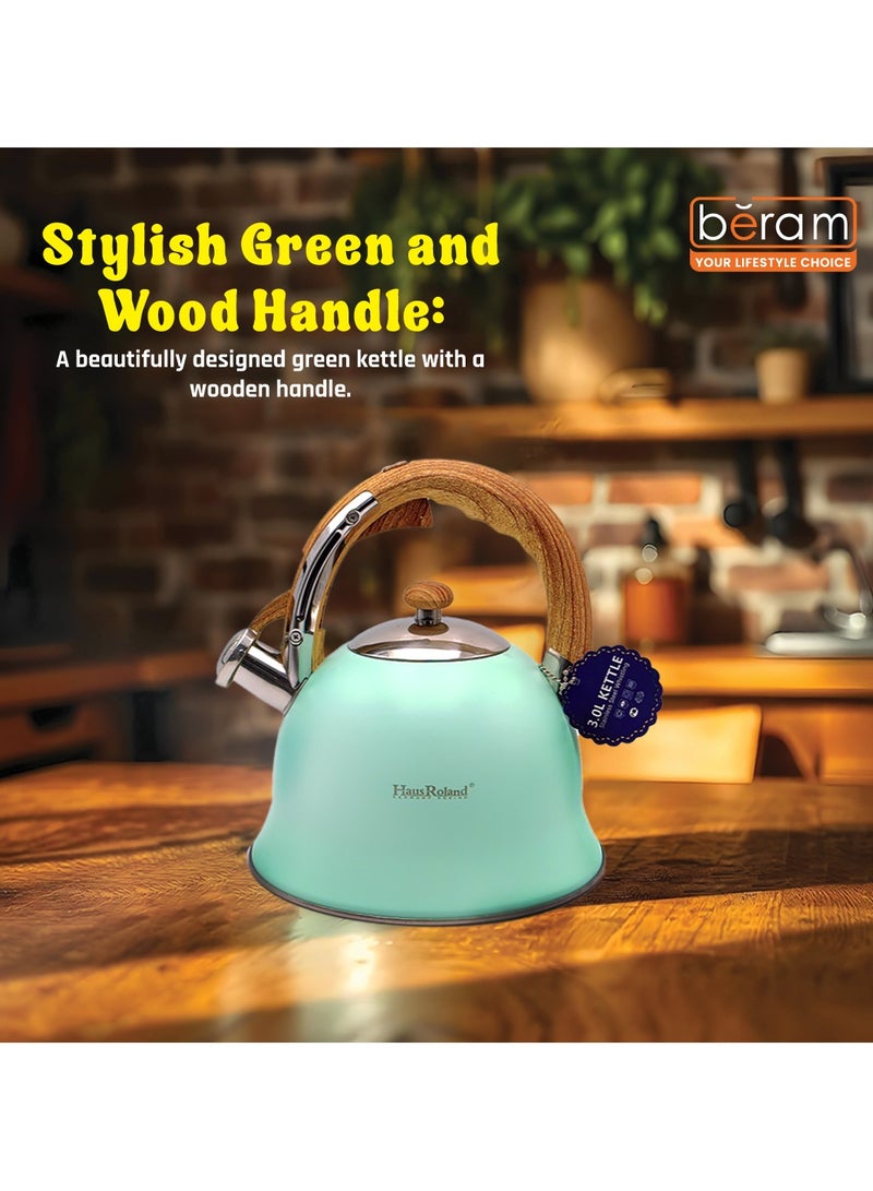 هوسرولاند غلاية شاي صافرة، مقابض خشبية، سعة 3 لتر، ستانلس ستيل، قاع مسطح، للكهرباء والغاز والحث الحراري ومواقد الإشعاع وإبريق الشاي سريع الغليان وأدوات المطبخ - Image 4