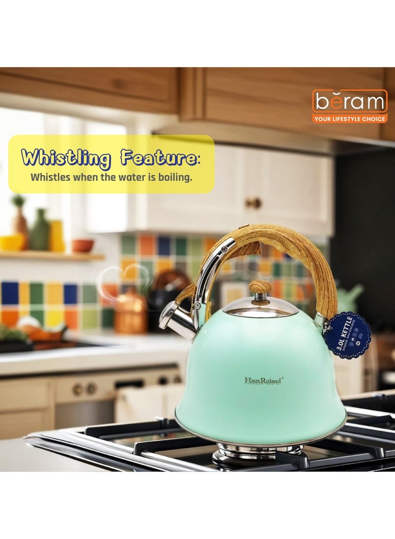 هوسرولاند غلاية شاي صافرة، مقابض خشبية، سعة 3 لتر، ستانلس ستيل، قاع مسطح، للكهرباء والغاز والحث الحراري ومواقد الإشعاع وإبريق الشاي سريع الغليان وأدوات المطبخ - Image 3