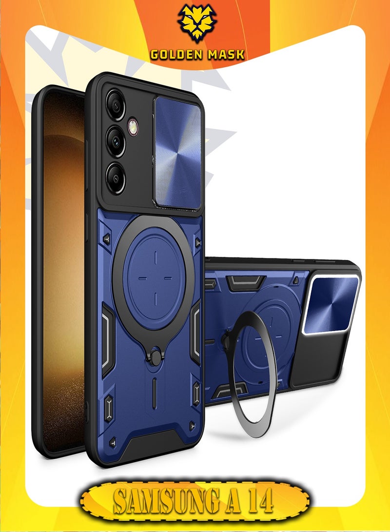 جولدن ماسك لهاتف سامسونج جالاكسي اية 14/ اية 14 5جى (Samsung Galaxy A14/A14 5G) جراب حماية مع باب جرار لحماية عدسة  الكاميرا المدرعة مدمج بزاوية 360 درجة - (ازرق)