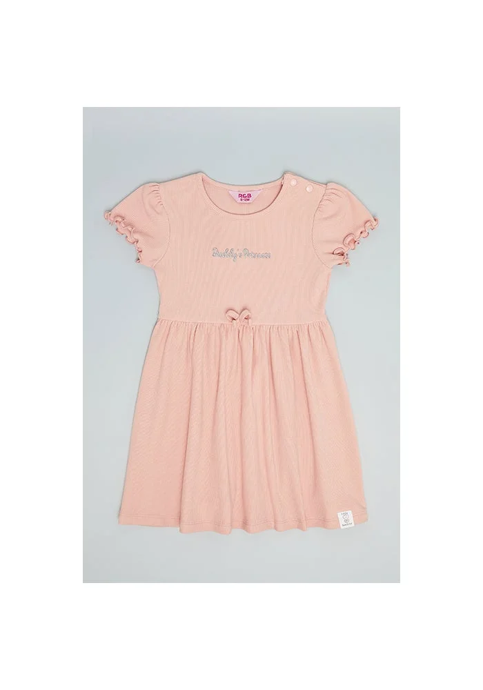 R&b Embroidery Detail Flared Dress with Crew Neck and Puff Sleeves