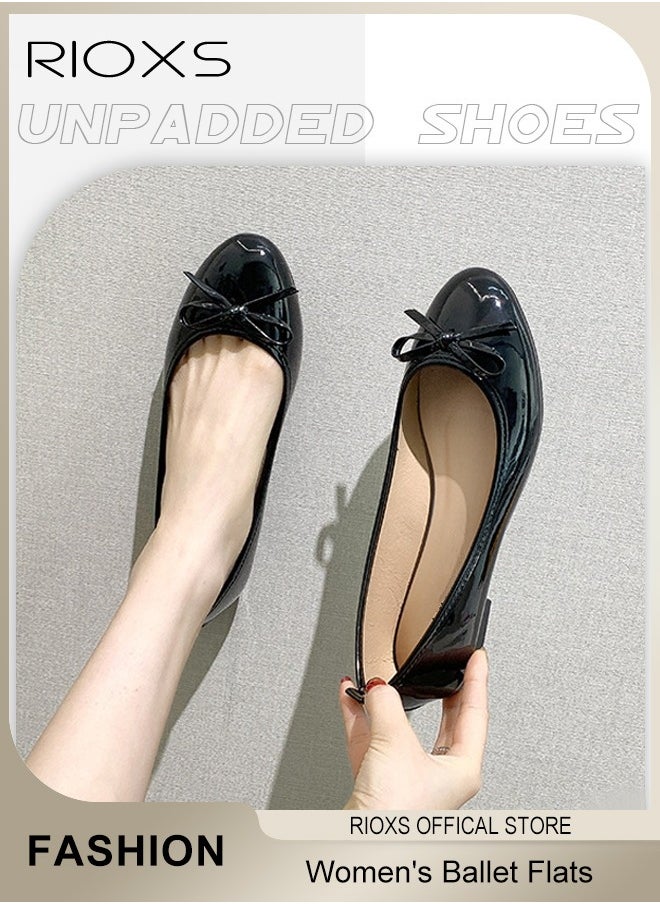 RIOXS Women's Ballerina Flats, Round Toe Ballet Flats Shoes For Women, Soft Faux Leather Flats, Comfortable Dressy Casual Shoes With Bow Knot, Slip On Low Wedge Shoes, Mom Shoes Dressy Flats For Women Footwear, Ladies Dresses Shoes-Black Flats  - Image 3