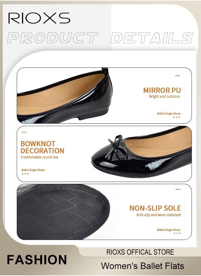 RIOXS Women's Ballerina Flats, Round Toe Ballet Flats Shoes For Women, Soft Faux Leather Flats, Comfortable Dressy Casual Shoes With Bow Knot, Slip On Low Wedge Shoes, Mom Shoes Dressy Flats For Women Footwear, Ladies Dresses Shoes-Black Flats  - Image 5