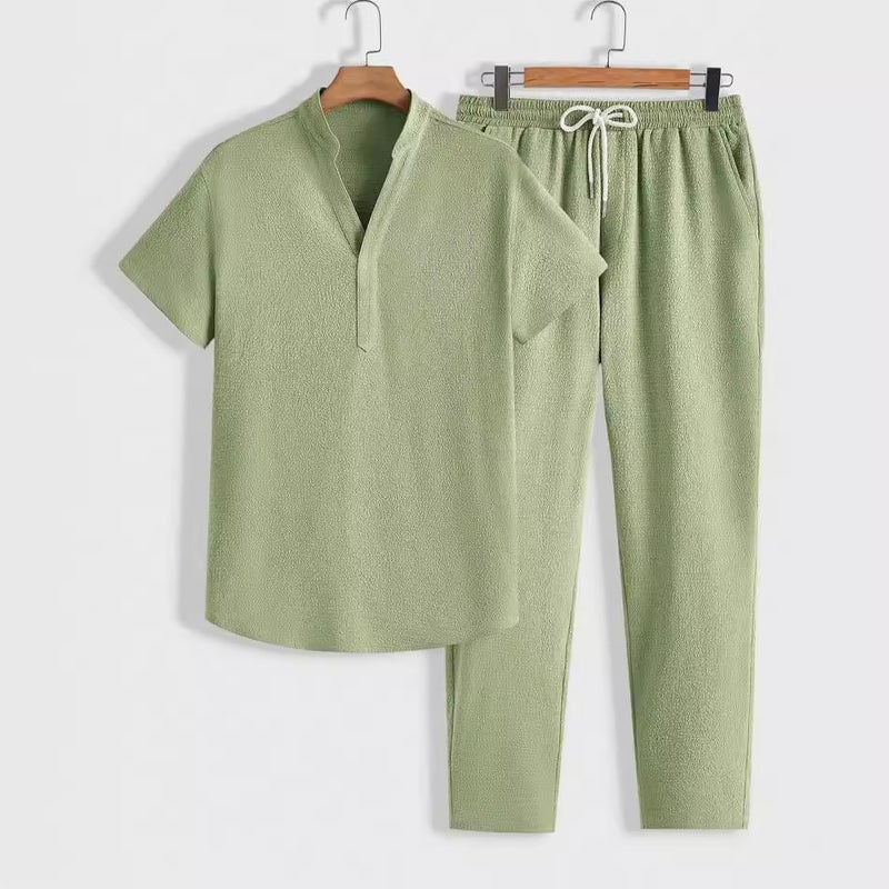 2024 Summer New European and American Mens Casual Sports Suit Short-sleeved Trousers Solid Color Men Black  - Image 3