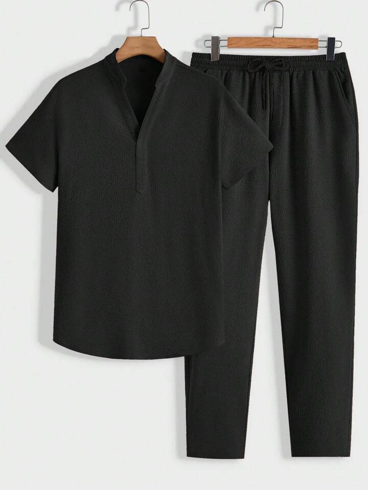 2024 Summer New European and American Mens Casual Sports Suit Short-sleeved Trousers Solid Color Men Black  - Image 1