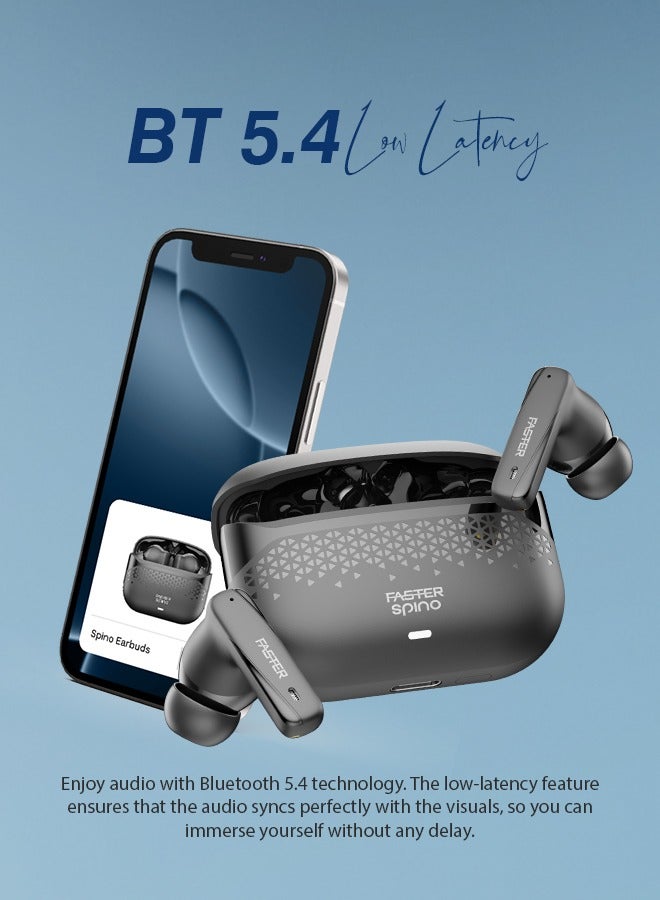 Faster Spino Wireless Earbuds- Bluetooth 5.4+EDR with ENC Noise Cancelling Ear Buds 10mm Drivers Smart Touch Control 5H Playtime 150H Standby- Type-C Fast Charging Low Latency Voice Assistant, Shadow Black - Image 2