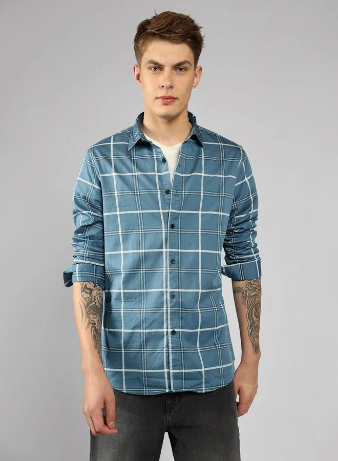 Dennis Lingo Slim Fit Blue Men's Solid Shirt, Spread Collar, Full Sleeves, 100% Cotton,