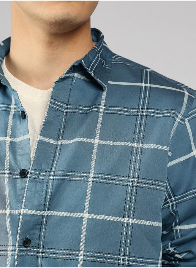 Dennis Lingo Slim Fit Blue Men's Solid Shirt, Spread Collar, Full Sleeves, 100% Cotton,  - Image 5