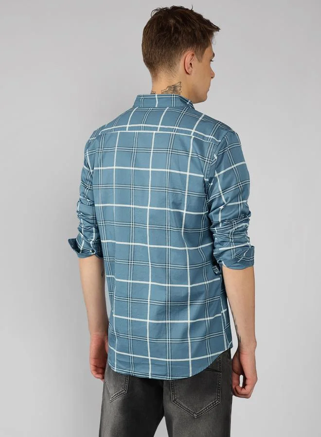 Dennis Lingo Slim Fit Blue Men's Solid Shirt, Spread Collar, Full Sleeves, 100% Cotton,