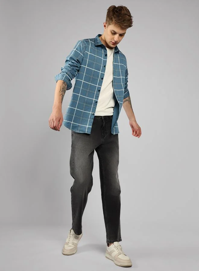 Dennis Lingo Slim Fit Blue Men's Solid Shirt, Spread Collar, Full Sleeves, 100% Cotton,