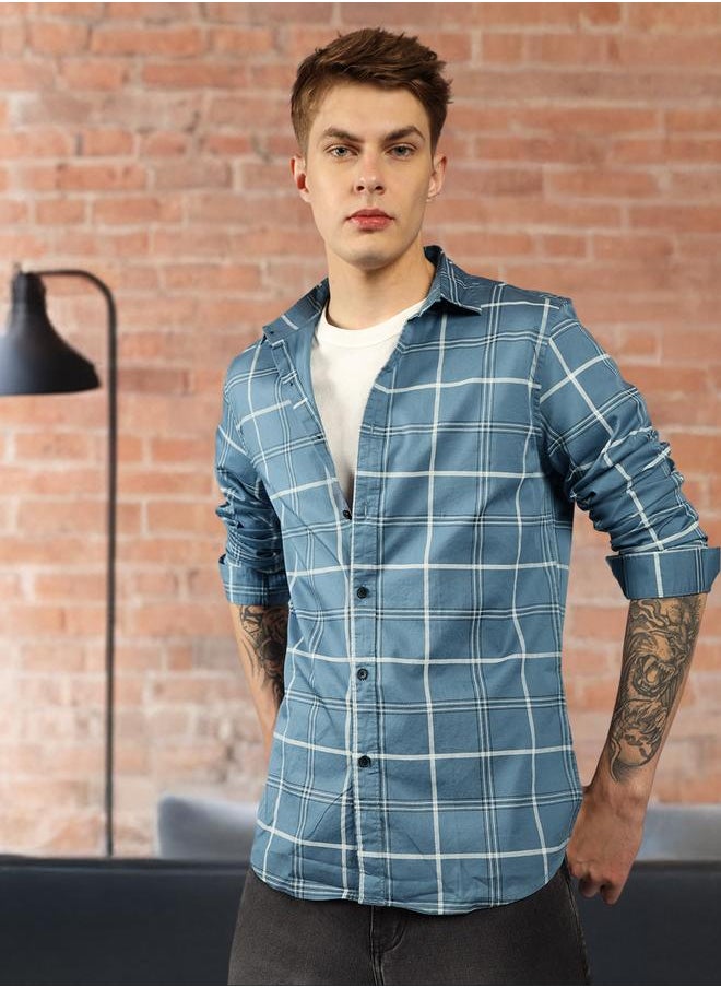 Dennis Lingo Slim Fit Blue Men's Solid Shirt, Spread Collar, Full Sleeves, 100% Cotton,  - Image 1