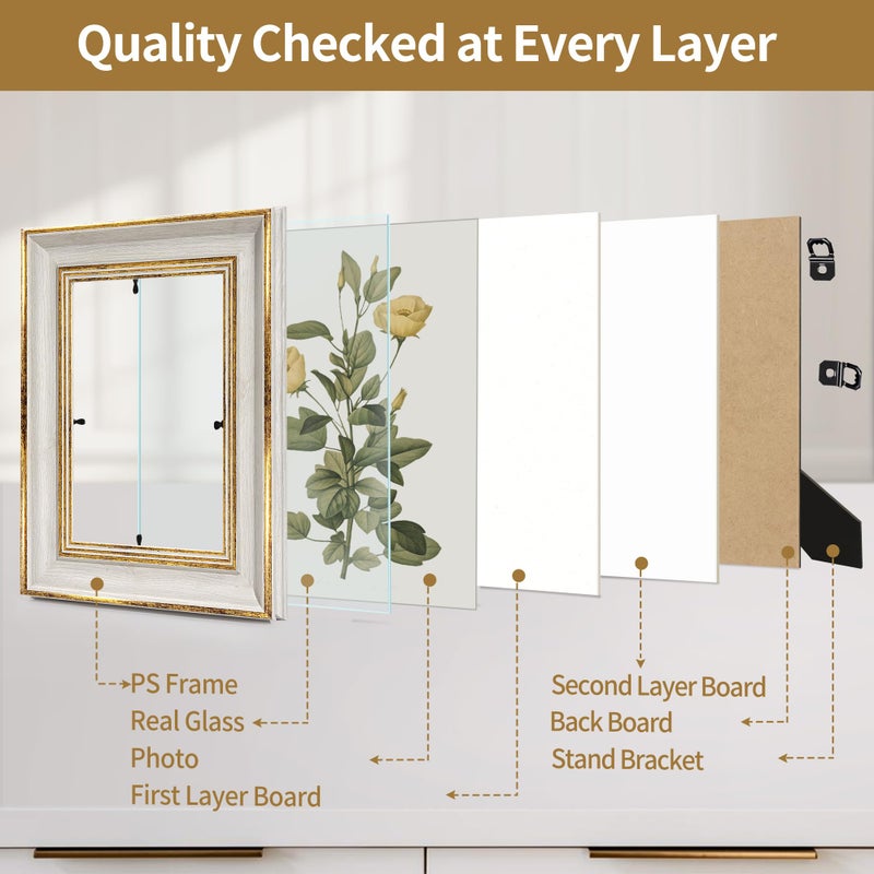 Sapowerntus Vintage 5x7 Picture Frame White Distressed Gold Edging Photo Frames Set Antique Real Glass Wall Hanging Tabletop Display Home Decor Elegant Victoria Retro Gift - Image 3