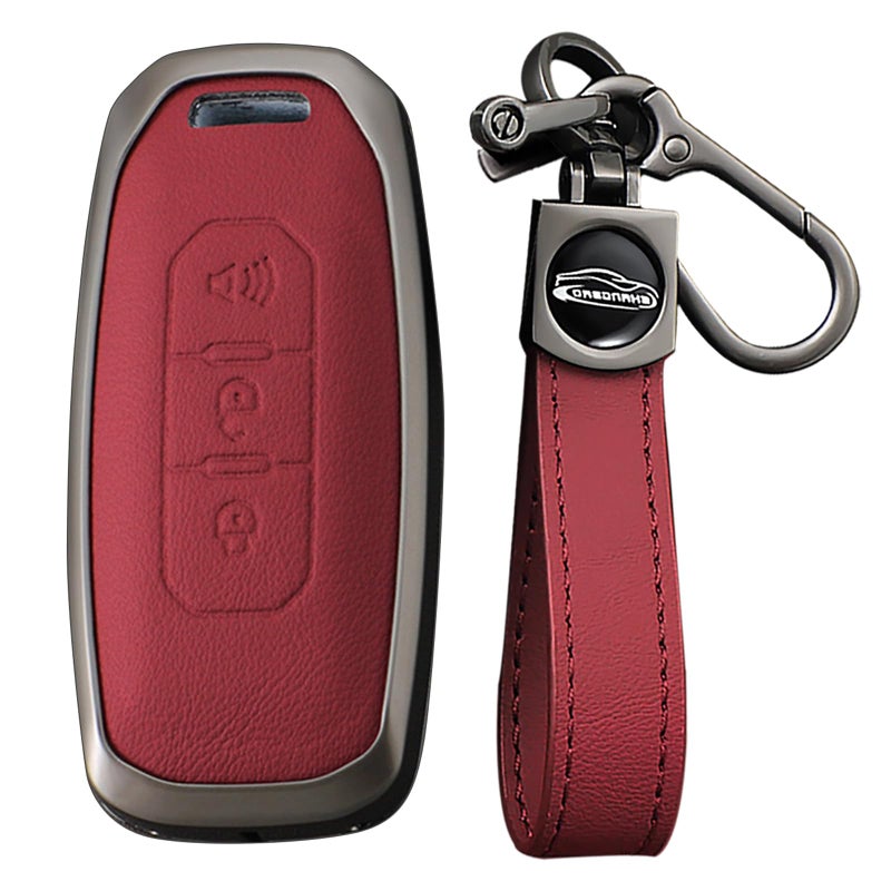KUNIO for Ford PU Leather Car Key Fob Cover Case Fit for Ford Territory 2025 Territory EV 2024 Taurus Equator EcoBoost Kuga Keychain Key Fob Shell Accessories 3 Button Klaxon Button B Red