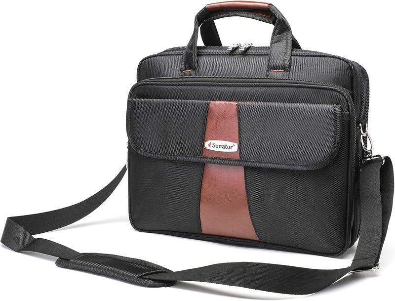 16 Inch Nylon Laptop Carrying Case with Brown PU Trim and RFID Pockets - Image 1