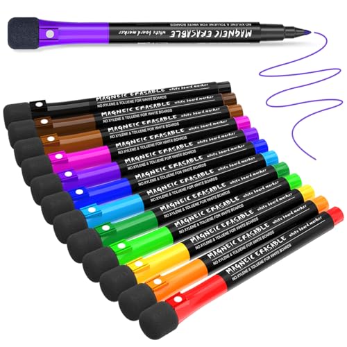 JR.WHITE Magnetic Dry Erase Markers Fine Point Tip, 12 Colors White Board Markers Dry Erase Marker with Eraser Cap, Low Odor Whiteboard Markers Thin Marking for Teachers Office School Supplies - Image 1