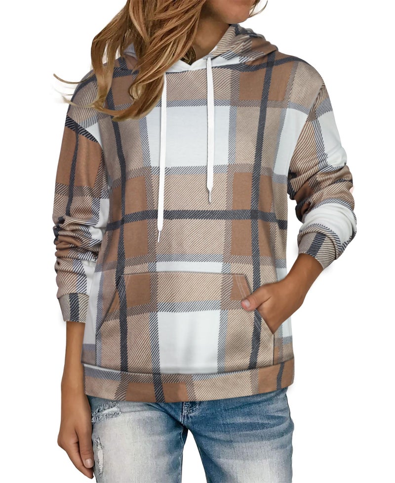 rosemia Women's Hoodies Long Sleeve Sweatshirts Drawstring Pullover Tops with Pocket Casual Loose Blouses Tunic (Brown White Plaid,L) - Image 1