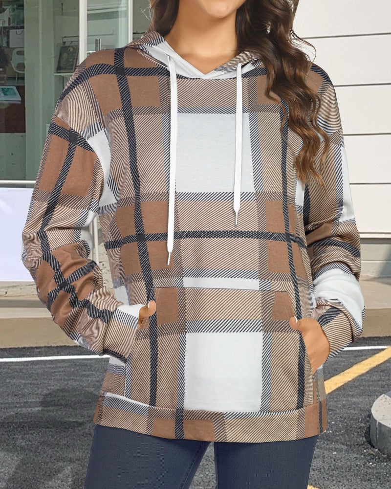 rosemia Women's Hoodies Long Sleeve Sweatshirts Drawstring Pullover Tops with Pocket Casual Loose Blouses Tunic (Brown White Plaid,L) - Image 3