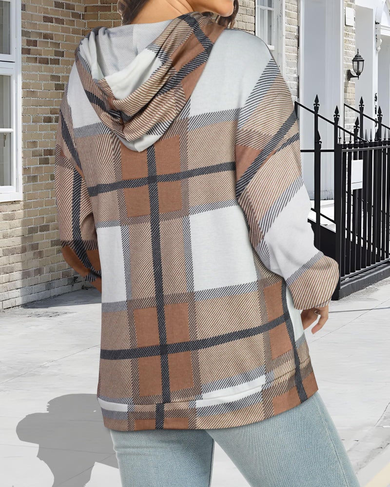 rosemia Women's Hoodies Long Sleeve Sweatshirts Drawstring Pullover Tops with Pocket Casual Loose Blouses Tunic (Brown White Plaid,L) - Image 2