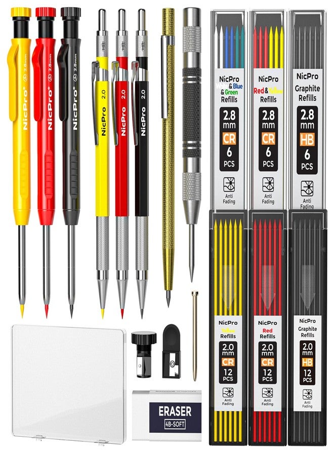Nicpro 18 Pack Carpenter Pencils Mechanical, Construction Pencils with 60 Refill, Automatic Center Punch and Carbide Scribe Tool, 2.0mm Mechanical Pencil for Woodworking, Best Carpenters Marking Tool - Image 1