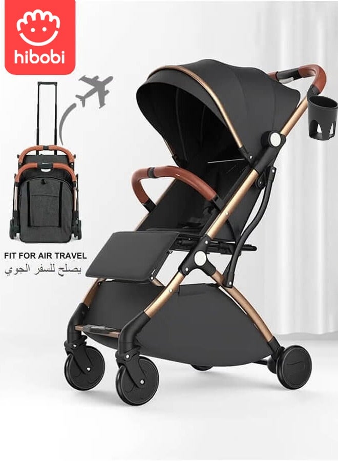 hibobi Lightweight Baby Stroller with Cup Holder | Airplane Approved | Excellent Shock Absorption System | Large Canopy & Spacious Seat | 5-Point Harness | Large Storage Basket | Quick One-Click Folding | Suitable for 0-36 Months | Black - Image 1