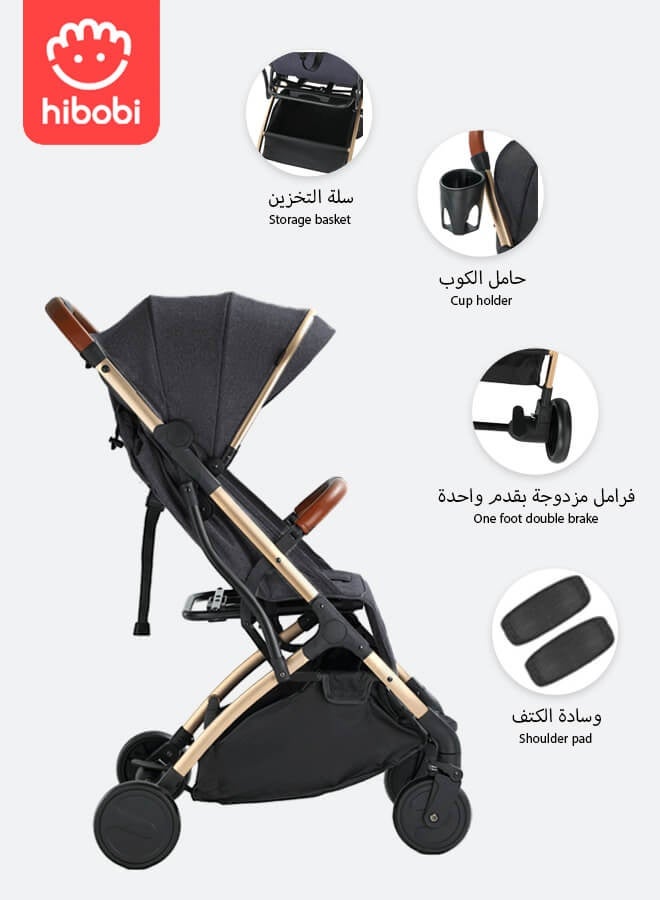 hibobi Lightweight Baby Stroller with Cup Holder | Airplane Approved | Excellent Shock Absorption System | Large Canopy & Spacious Seat | 5-Point Harness | Large Storage Basket | Quick One-Click Folding | Suitable for 0-36 Months | Black - Image 5