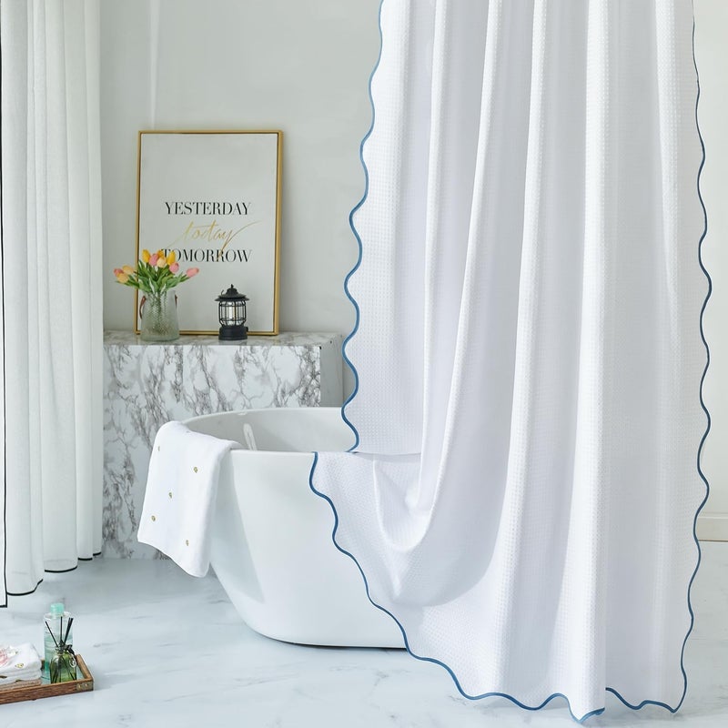 Youngseahome Waffle Weave 230GSM نسيج ثقيل مع الماء الأزرق الأسقلوب الحدودي الستار بوب باو أنيقة الستار دش للاستحمام الحمام 72 × 78 بوصة - Image 4