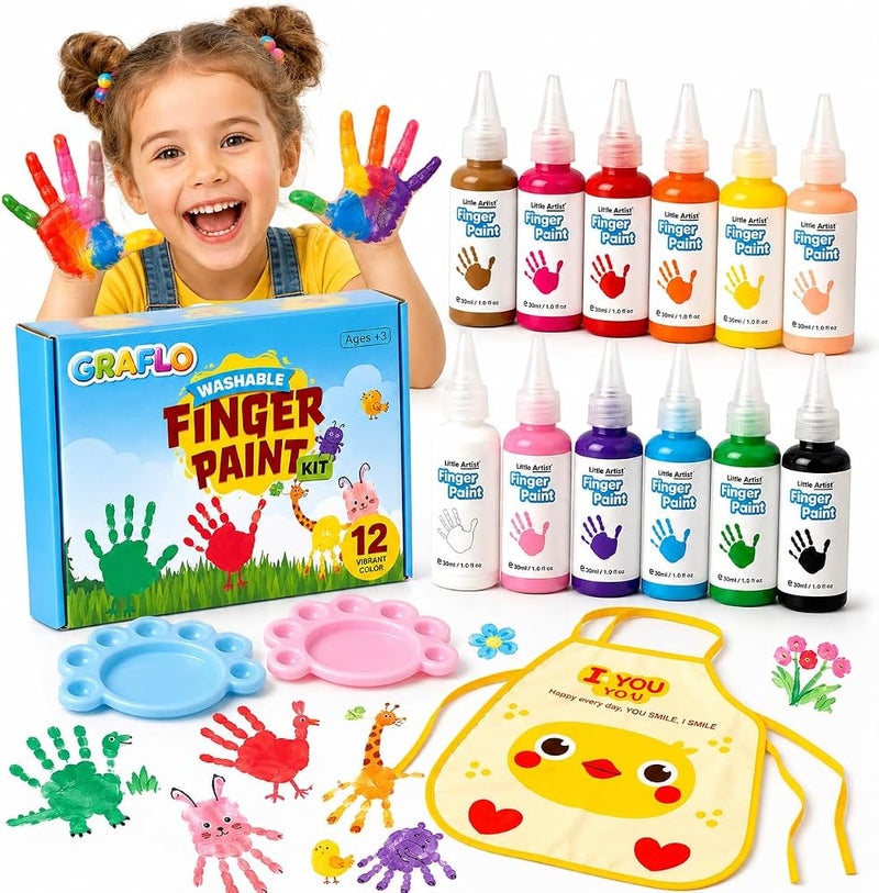 GRAFLO Finger Paint Set for Kids, 12 Colors (30ml Each) with 2 Palettes & Waterproof Apron, Washable Non-Toxic Painting Kit for Toddlers & Children Ages 3-8 - Image 1