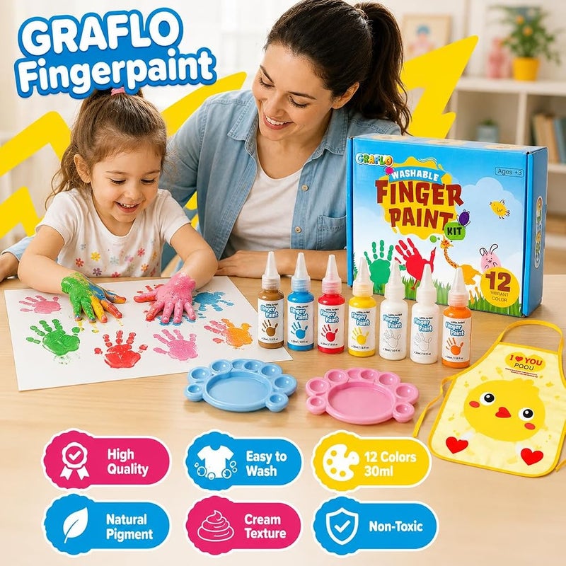 GRAFLO Finger Paint Set for Kids, 12 Colors (30ml Each) with 2 Palettes & Waterproof Apron, Washable Non-Toxic Painting Kit for Toddlers & Children Ages 3-8 - Image 5