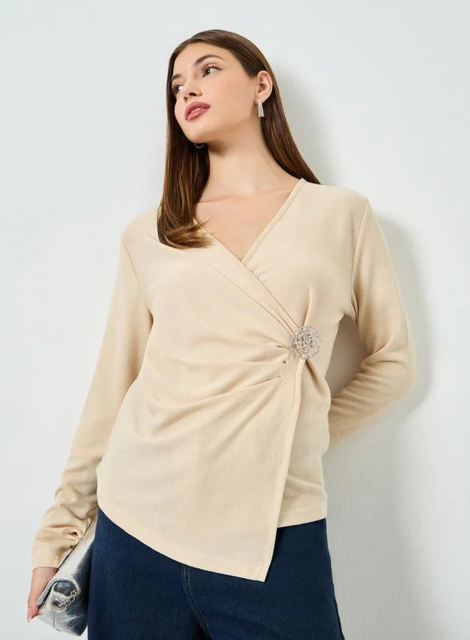 Styli Beige Embellished Wrap Top