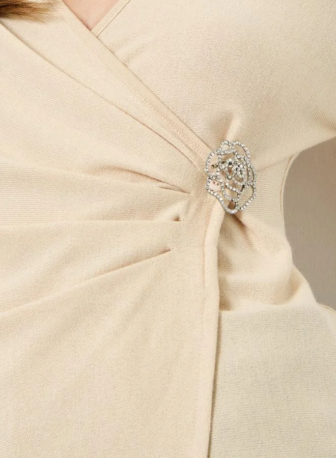 Styli Beige Embellished Wrap Top