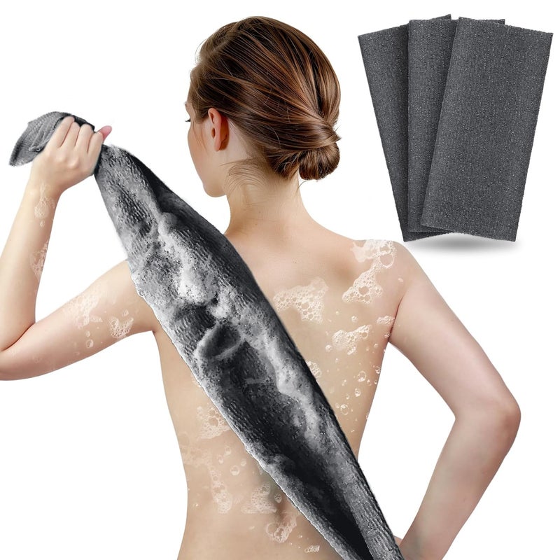 ARCH&M Exfoliating Washcloth, Japanese Bath Towel, Korean Exfoliation Scrub, Nylon Body Scrubber, Back Scrubber for Shower, Loofah Alternative - 3 Pack (Black x 3) - Image 1